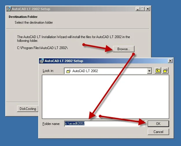You must change the default AutoCAD LT 2002 Install path