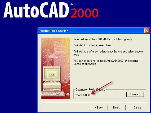 Setting AutoCAD 2000 custom install directory to c:\acad2000