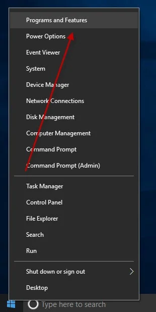 Select Programs and Features by Right-clicking the Windows 10 Start Menu